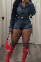 Zipper solid color splicing elastic denim lace up jumpsuit shorts Zipper solid color splicing elastic denim lace up jumpsuit shorts