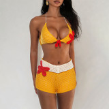 Two piece set of bikini suspender knitted color blocked cropped shorts with exposed navel