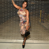 Printed neck hanging, backless, tight fitting five quarter shorts, jumpsuit