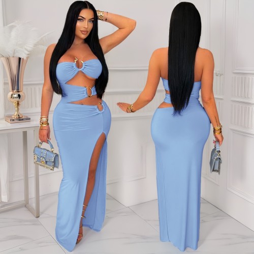y Hollow Metal Ring Splice Bag Hip Long Dress ZY6200