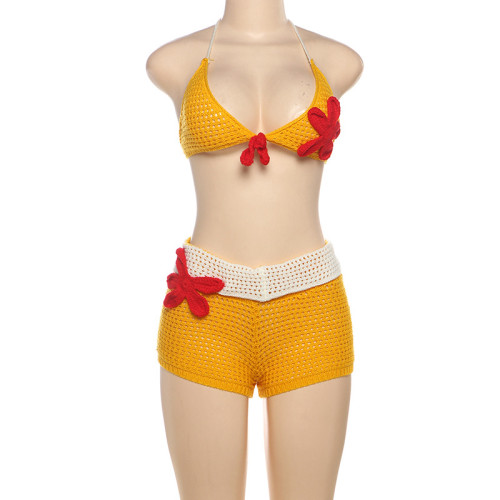 Two piece set of bikini suspender knitted color blocked cropped shorts with exposed navel