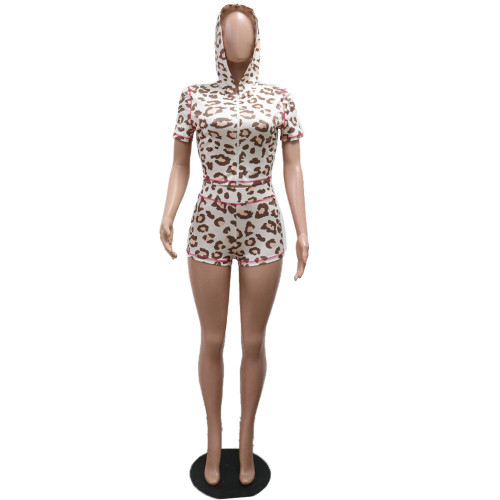 Two piece set of tight shorts with letter printed hooded zipper top