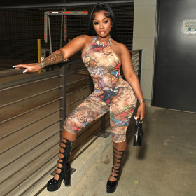 Printed neck hanging, backless, tight fitting five quarter shorts, jumpsuit