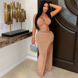 y Hollow Metal Ring Splice Bag Hip Long Dress ZY6200
