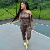 Leopard print pullover, diagonal cross, off shoulder strap, elastic waist, cropped pants set
