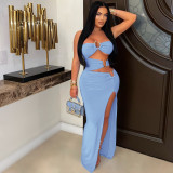y Hollow Metal Ring Splice Bag Hip Long Dress ZY6200