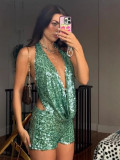 Small vest hollow sequin V-neck top shorts set