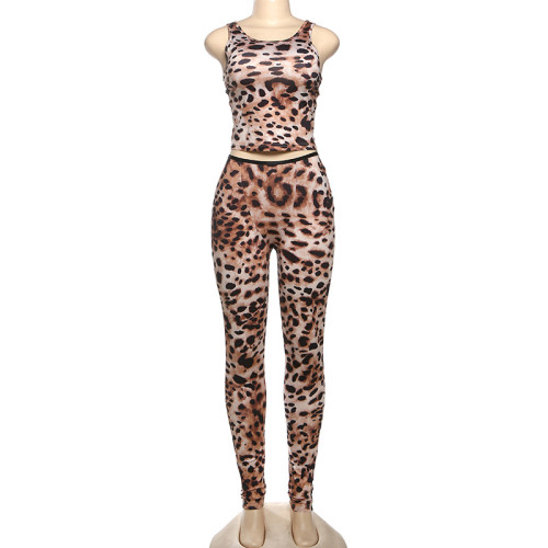 Leopard print sleeveless vest tight pants two-piece set