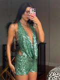 Small vest hollow sequin V-neck top shorts set
