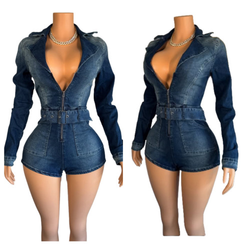 Zipper solid color splicing elastic denim lace up jumpsuit shorts