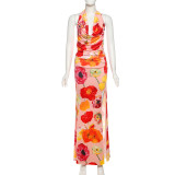 Hanging neck V-neck flower print slit long skirt set