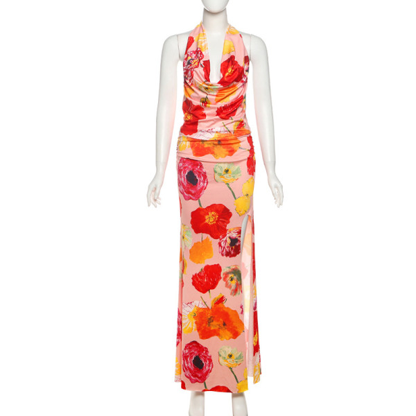 Hanging neck V-neck flower print slit long skirt set
