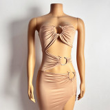 y Hollow Metal Ring Splice Bag Hip Long Dress ZY6200