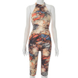 Printed neck hanging, backless, tight fitting five quarter shorts, jumpsuit