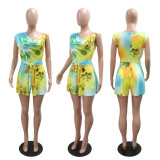 Loose printed sleeveless jumpsuit with lace up shorts
