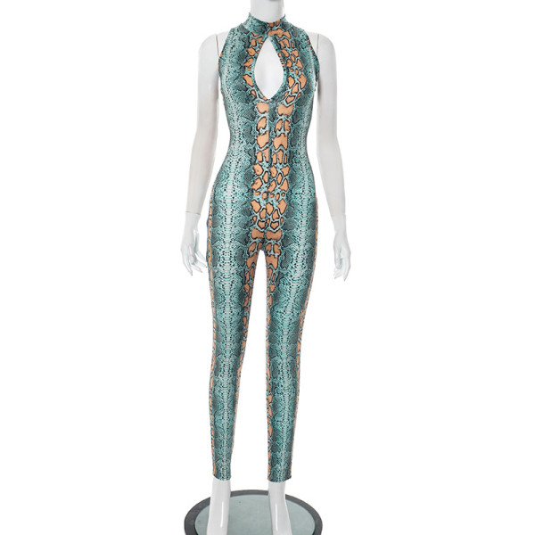 Printed semi high neck sleeveless hollow jumpsuit pants