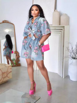 Cowboy floral shirt elastic waist five quarter shorts