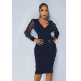Three dimensional butterfly mesh sleeve strap V-neck dress