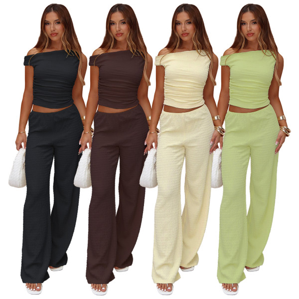 Elastic Bubble Single Shoulder Diagonal Collar Folded Wide Leg Pants Set