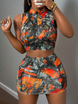 Two piece set of tree branch printed short skirt