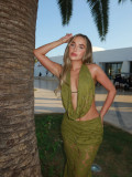 Printed hollow out dress with exposed back, hanging neck and tie up skirt