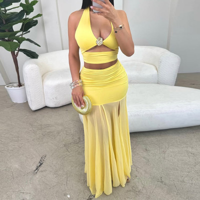 Hollow top splicing half length skirt two-piece set