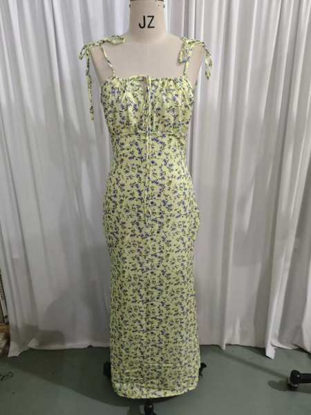 Flower print suspender U-neck sleeveless backless dress