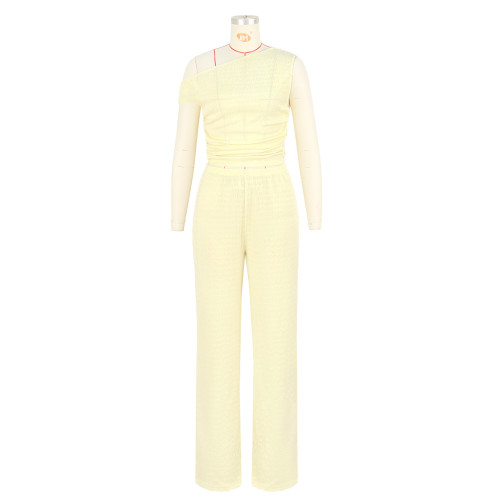 Elastic Bubble Single Shoulder Diagonal Collar Folded Wide Leg Pants Set