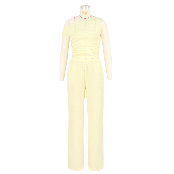 Elastic Bubble Single Shoulder Diagonal Collar Folded Wide Leg Pants Set