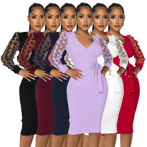 Three dimensional butterfly mesh sleeve strap V-neck dress