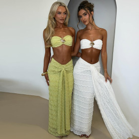 Two piece set of metal contrasting striped top and skirt with exposed navel