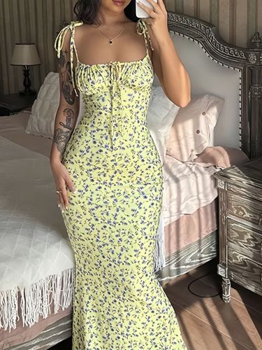 Flower print suspender U-neck sleeveless backless dress