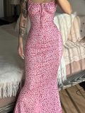 Flower print suspender U-neck sleeveless backless dress