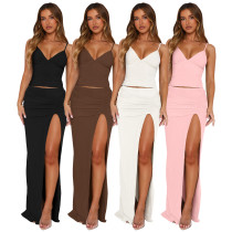 Strap V-neck pleated split skirt two-piece set Strap V-neck pleated split skirt two-piece set