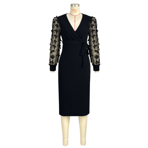 Three dimensional butterfly mesh sleeve strap V-neck dress