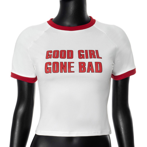 Round neck printed letter crop top with exposed navel