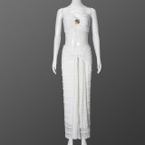 Two piece set of metal contrasting striped top and skirt with exposed navel