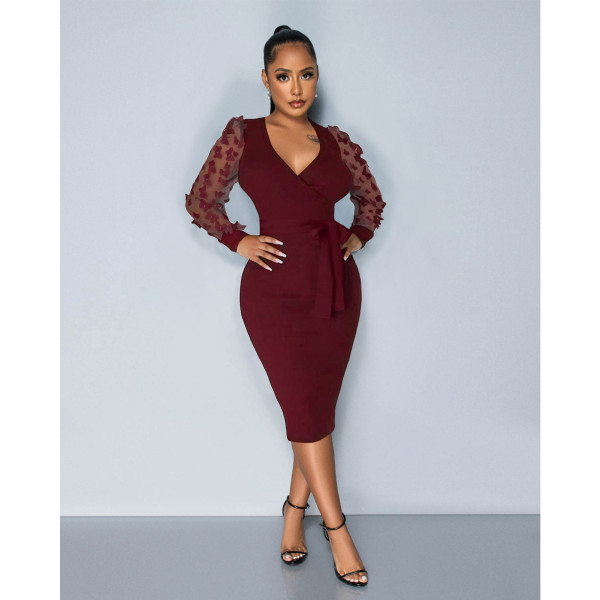 Three dimensional butterfly mesh sleeve strap V-neck dress