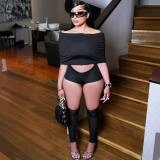 One shoulder top, three piece shorts, calf socks, three piece set