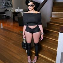 One shoulder top, three piece shorts, calf socks, three piece set