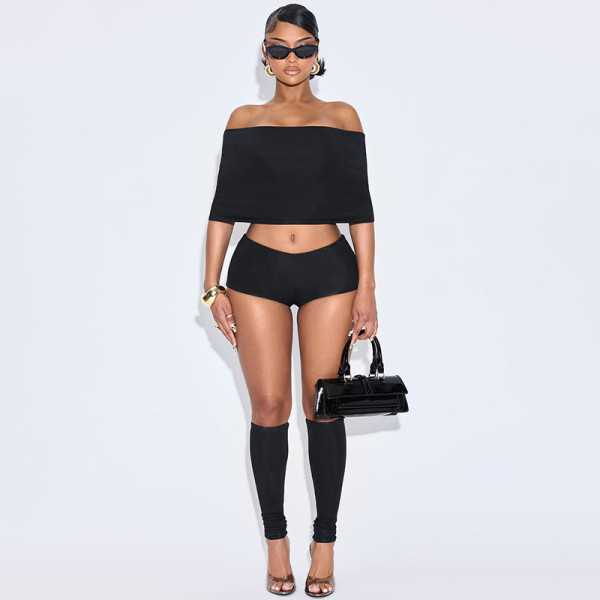 One shoulder top, three piece shorts, calf socks, three piece set