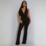 Strap deep V-neck solid color jumpsuit