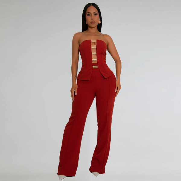 Strapless gold buckle bag arm long pants two-piece set