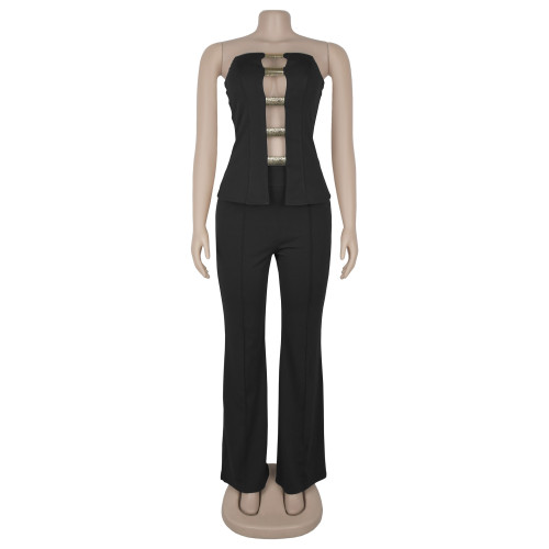 Strapless gold buckle bag arm long pants two-piece set