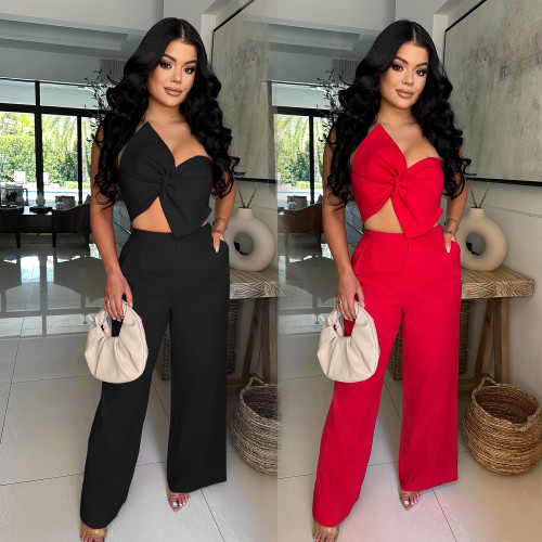 Butterfly knot casual pants two-piece set