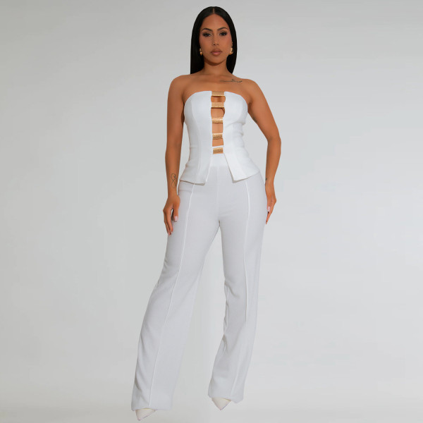 Strapless gold buckle bag arm long pants two-piece set