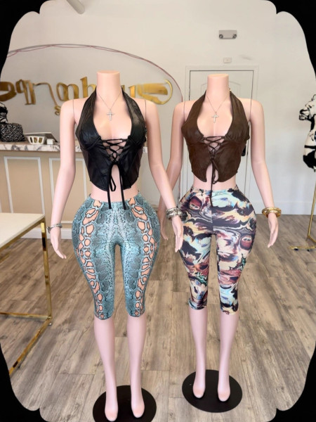 Round neck abstract print two-piece set