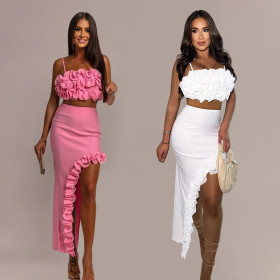 Strap top ruffled skirt set