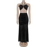 Strapless, arm hugging, pleated mesh long dress