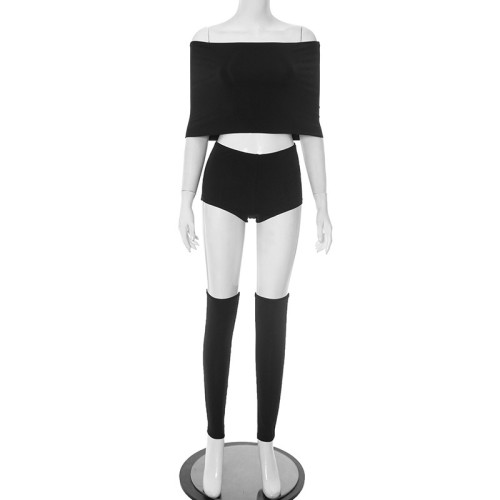 One shoulder top, three piece shorts, calf socks, three piece set